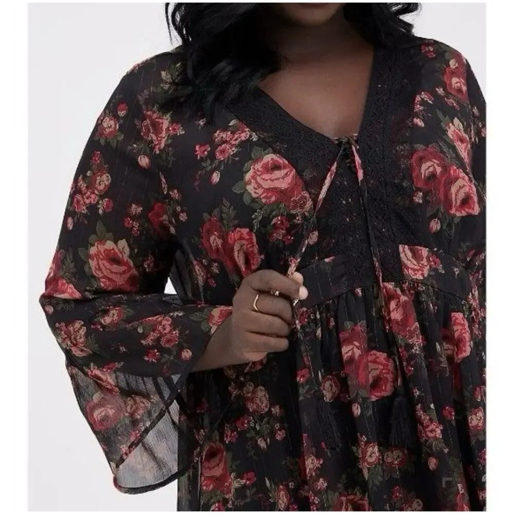 Torrid Top Blouse Black Sheer Red Rose Babydoll Chiffon Floral Plus Size 2 2X